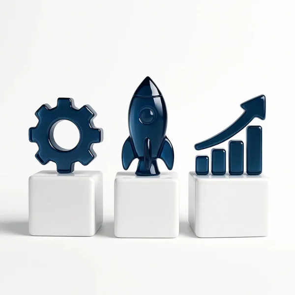 Íconos de engranaje, cohete y crecimiento representando fases de un funnel